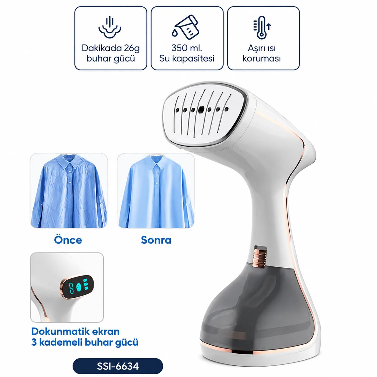Buharlı Kırışıklık Giderici Dik Ütü 2 Mod 320ML Su Kapasite Dk 26G Buhar Dokunmatik Ekran SSI-6634