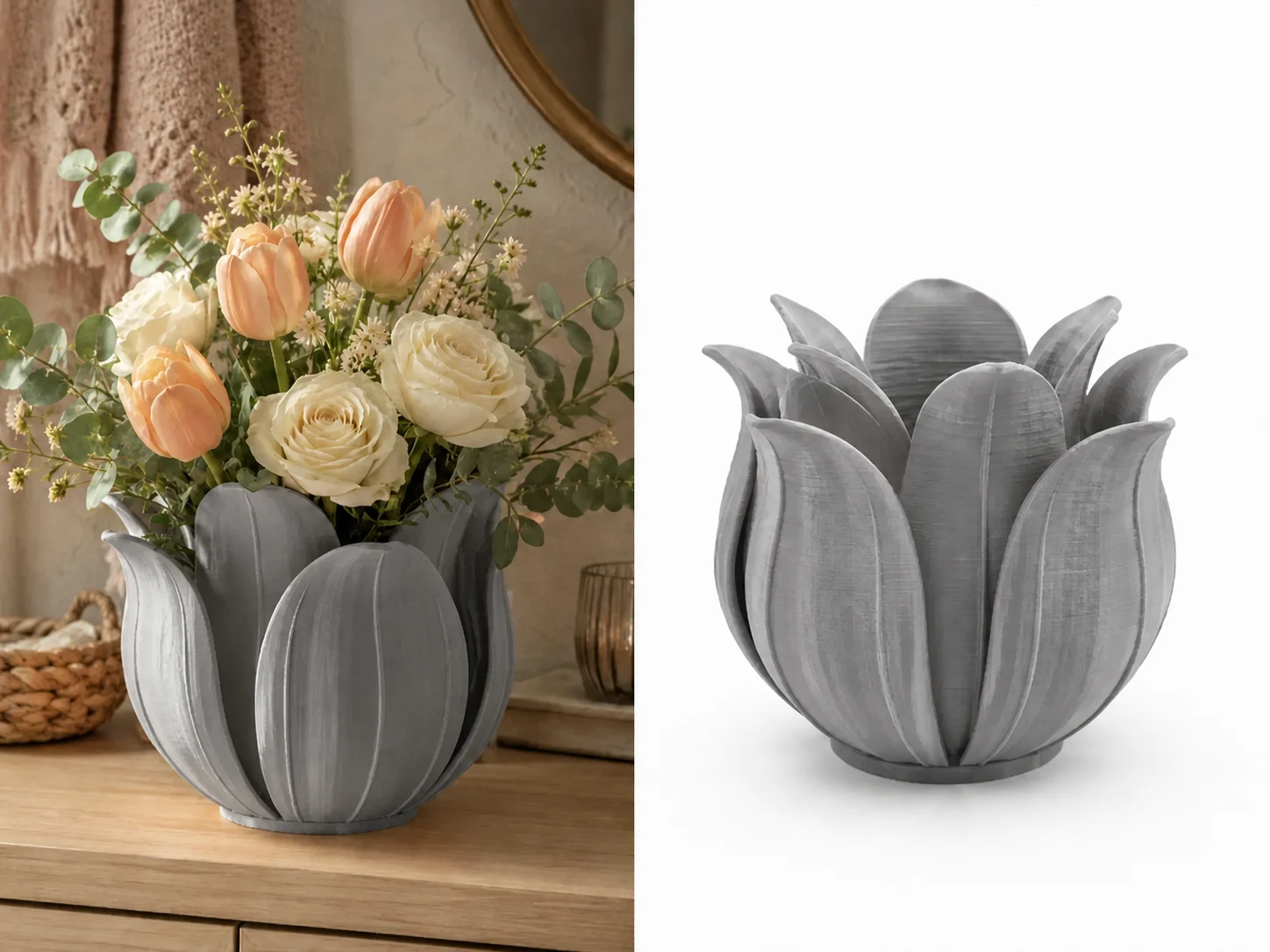 3D Baskı Lotus Yapraklı Vazo - Dekoratif Çiçeklik-Gri
