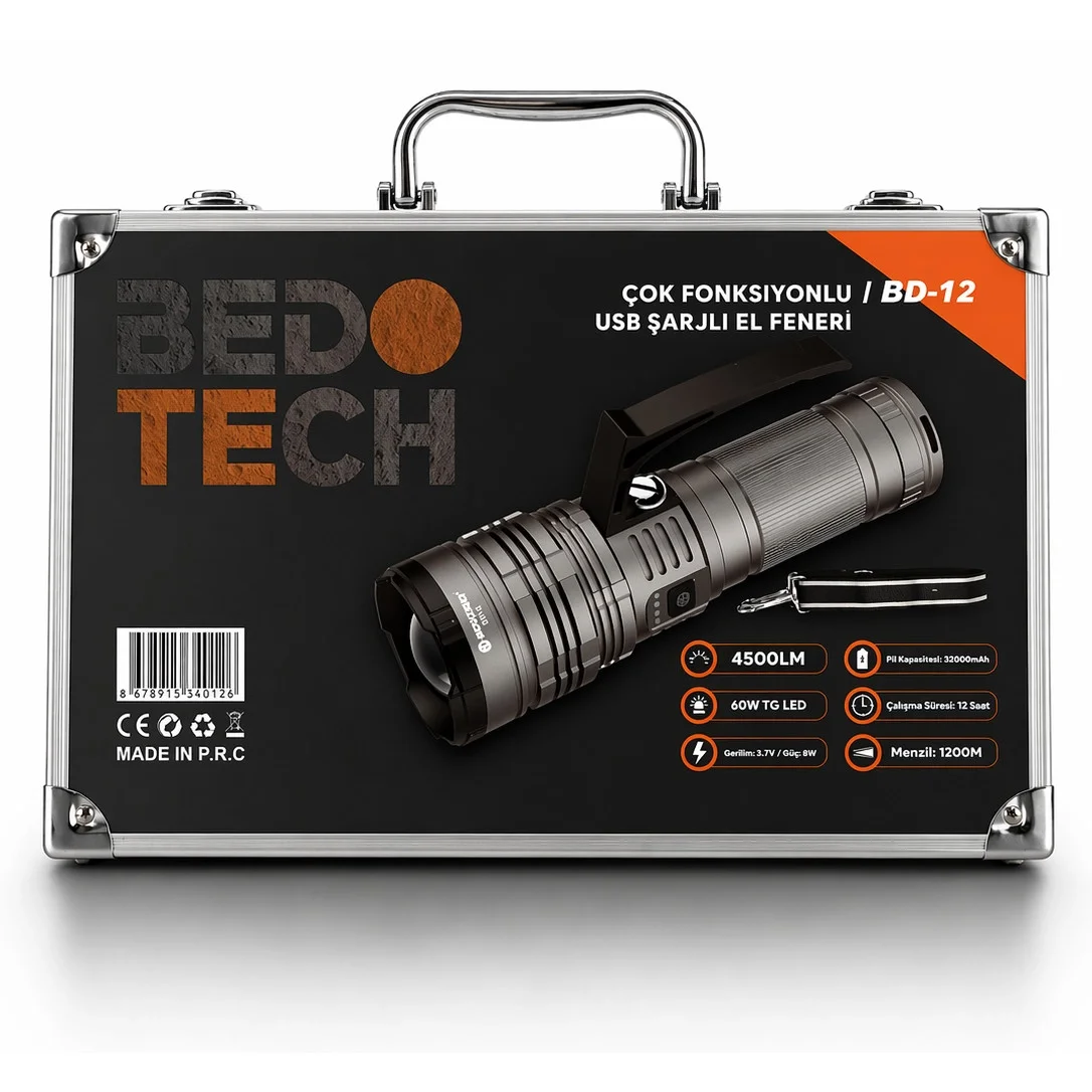 BD-12 60W TG LED Alüminyum Alaşımlı Zoomlu Type-C Şarjlı El Feneri görsel 2