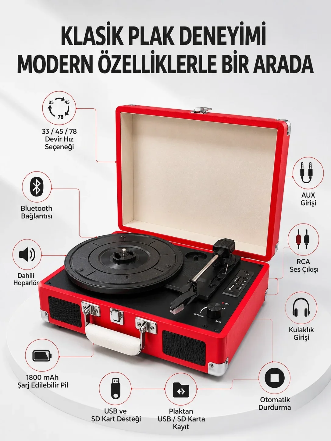 Taşınabilir Bavul Tipi Pikap Bluetooth Özellikli Dahili Hoparlörlü USB ve SD Kart Destekli Kırmızı görsel 2
