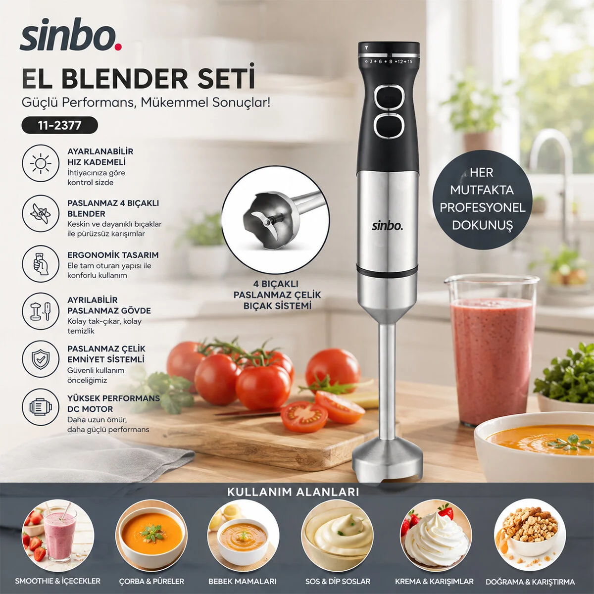 Çubuk El Blender Çelik Uçlu Dc Motor - 300W SHB-7511 görsel 3