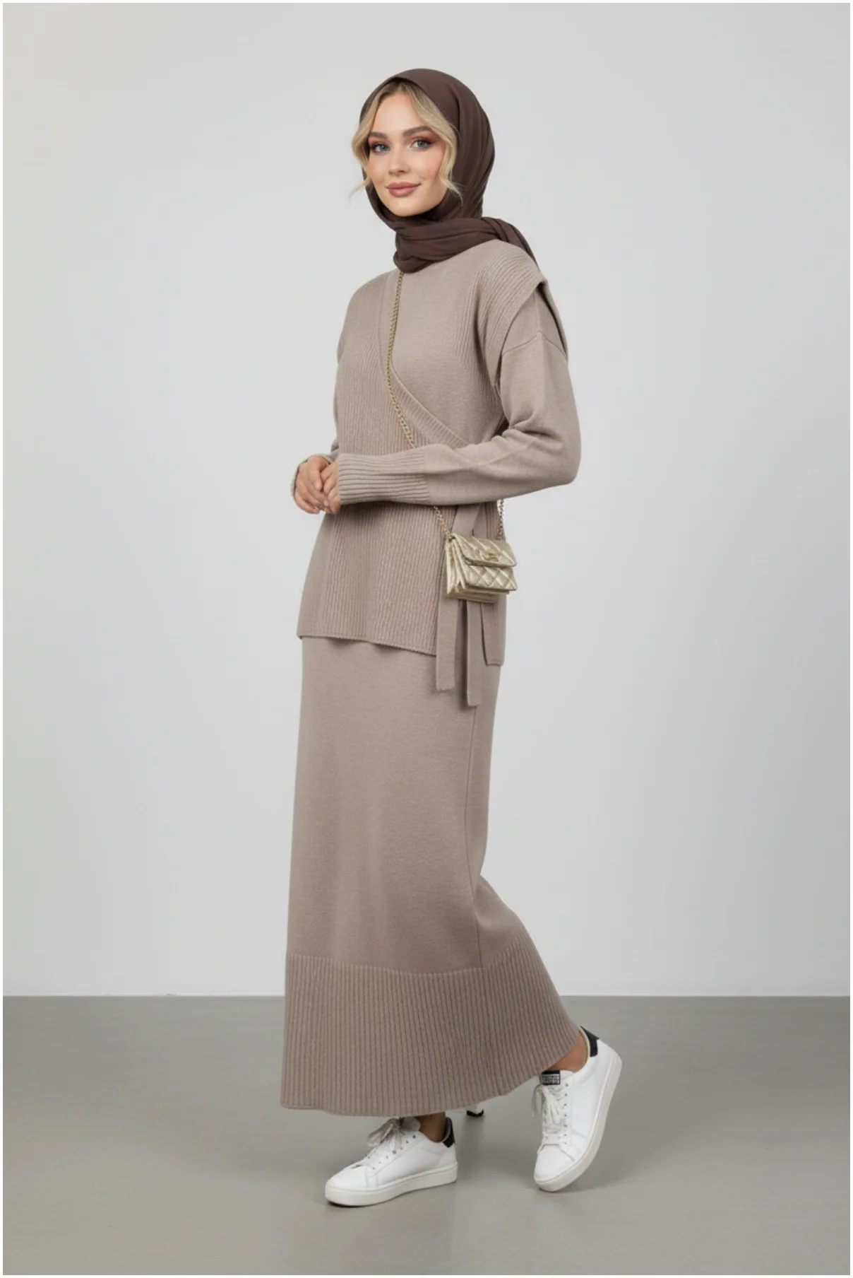 Kadın Şık Açık Kahve Modest Triko Tunik Takım Elbise görsel 3