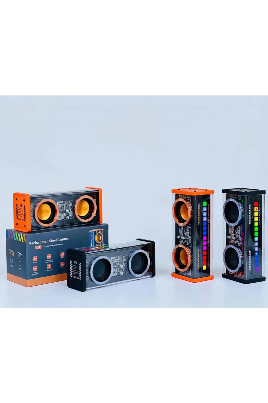 Şeffaf Mecha Müzik TWS Stereo RGB İşıklı Hoparlör Kablosuz Bluetooth 5.0 Taşınabilir Hoparlör V9 görsel 6