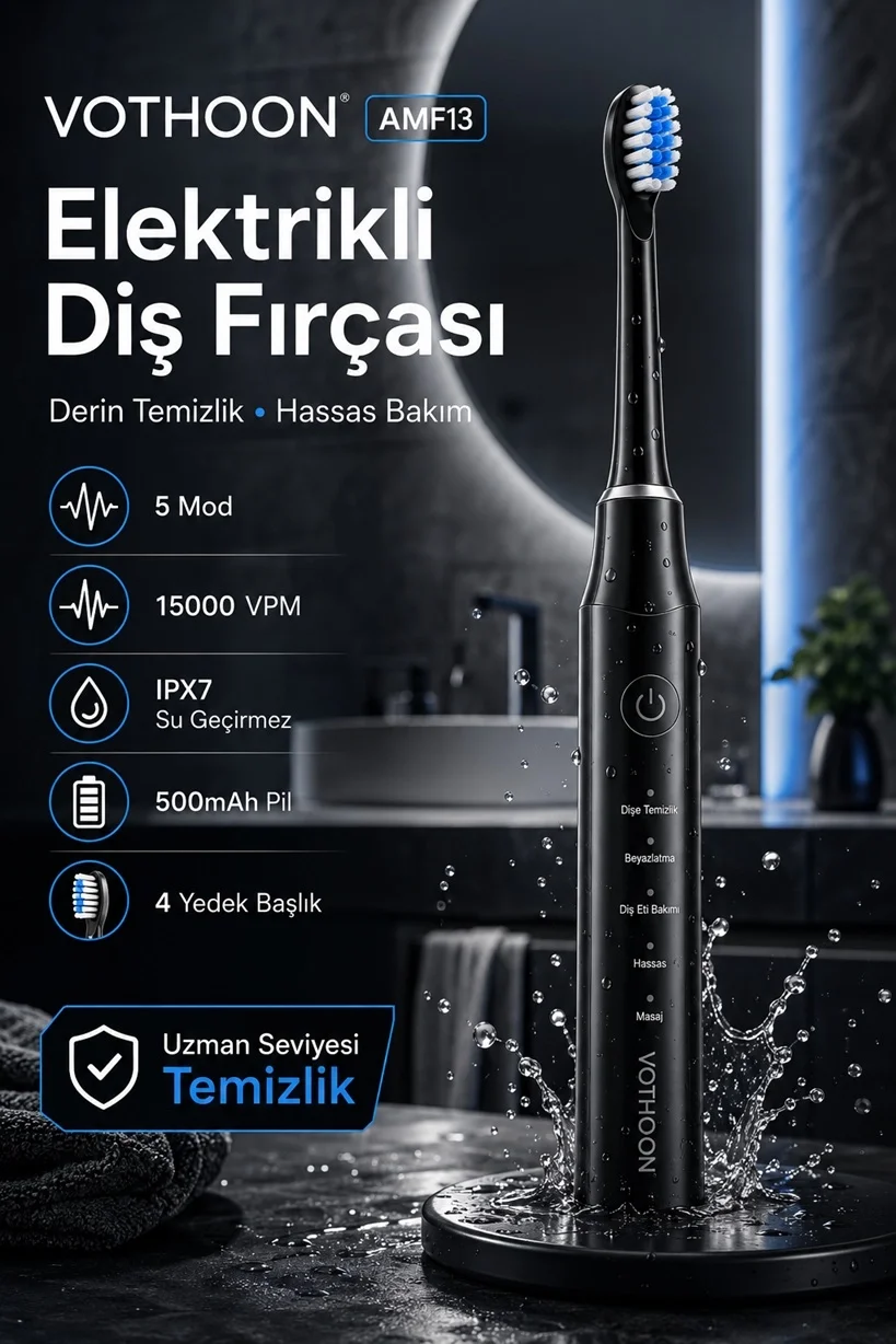 Şarjlı Diş Fırçası 15000 VPM Titreşim Gücü, 500mAh Batarya, 5 Temizlik Modu siyah görsel 3