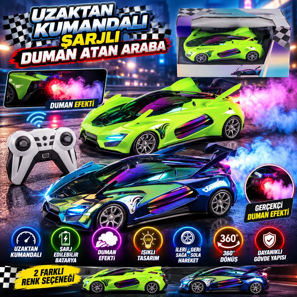 9016 Uzaktan Kumandalı Şarjlı Duman Atan Araba