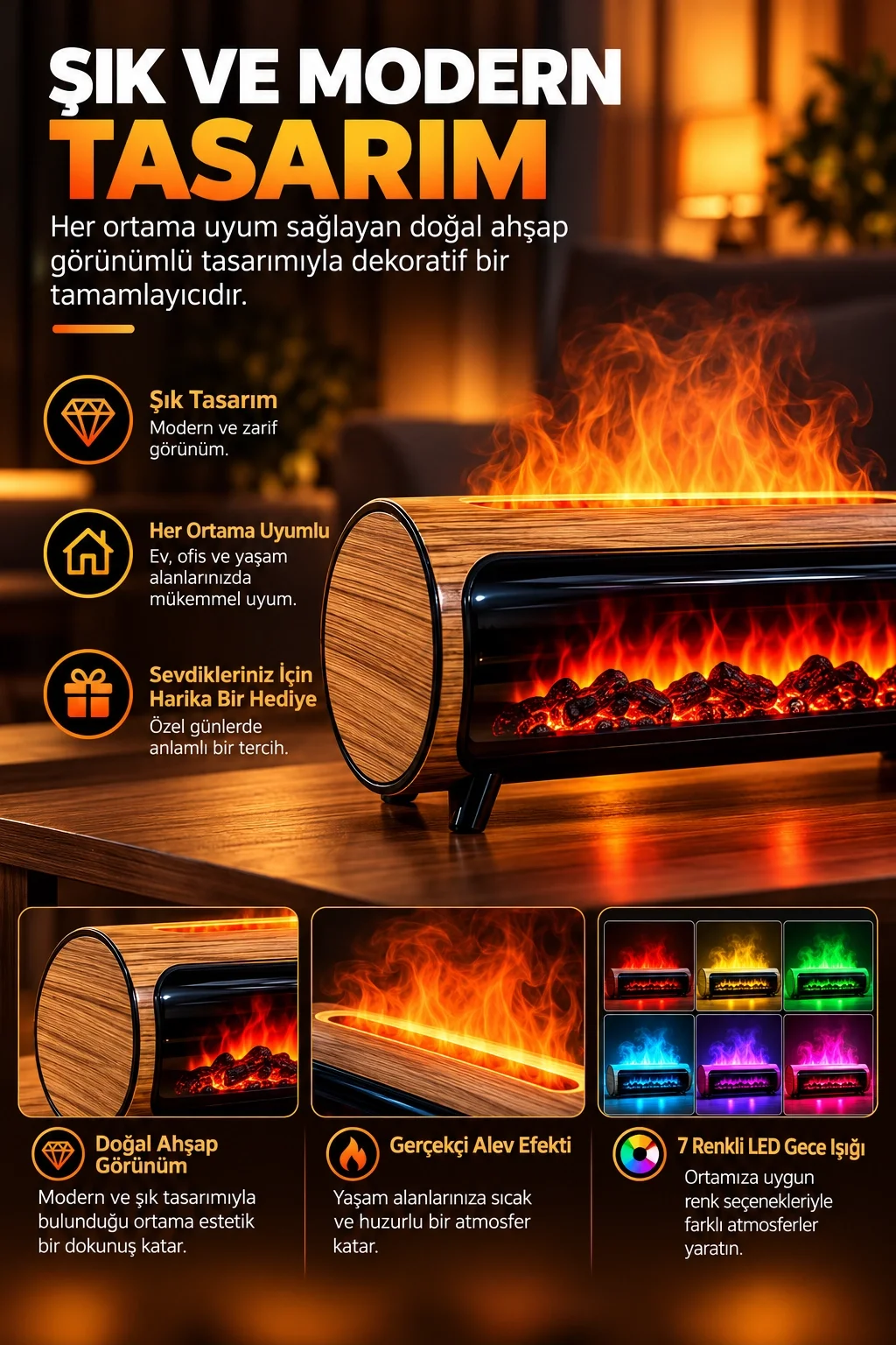 Şömine Görünümlü Hava Nemlendirici 150 ML 7 Renk LED Işıklı Ultrasonik Hava Nemlendirici Ahşap görsel 2
