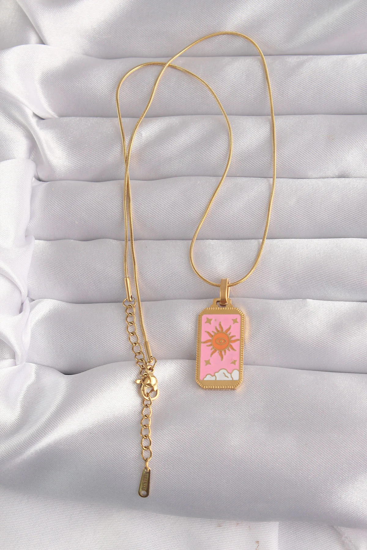 316L Çelik Gold Renk Pembe neli Güneş Model Tarot Kolye görsel 2