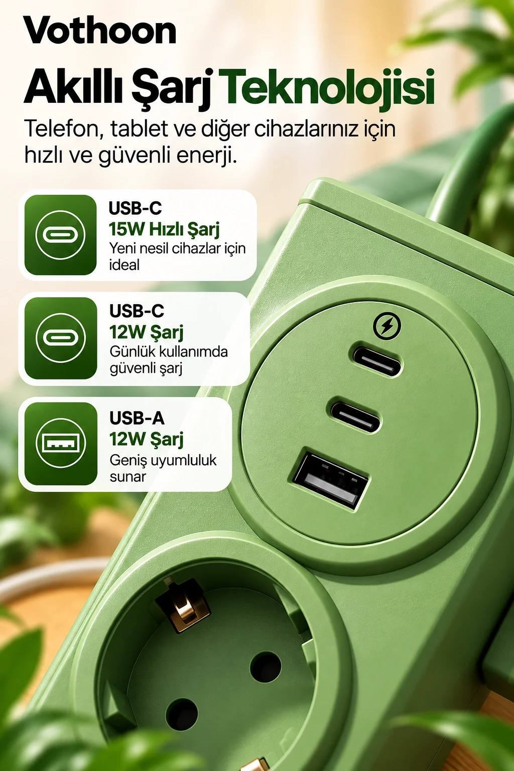 Vothoon 4’lü Akıllı Priz Tek Dokunuşla Fiş Çıkarma 2 Metre Kablo 2 Type-C + USB 15W Hızlı Şarj 3680W görsel 3