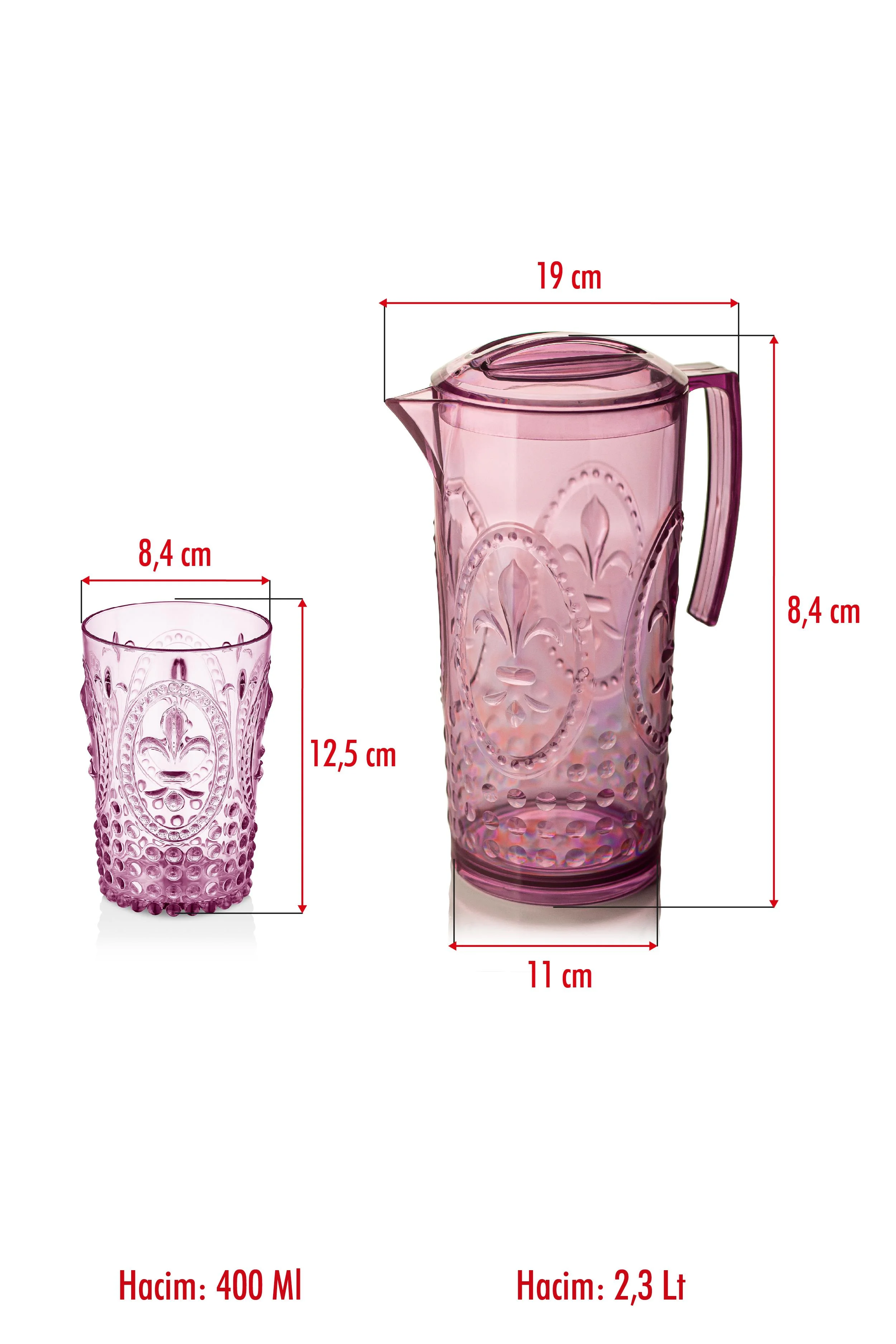 Akrilik Mürdüm Sürahi 2,3 lt Ve 6'lı & Su Meşrubat Kahve Yanı Bardağı 400 ml Seti ( Cam Değildir ) görsel 5