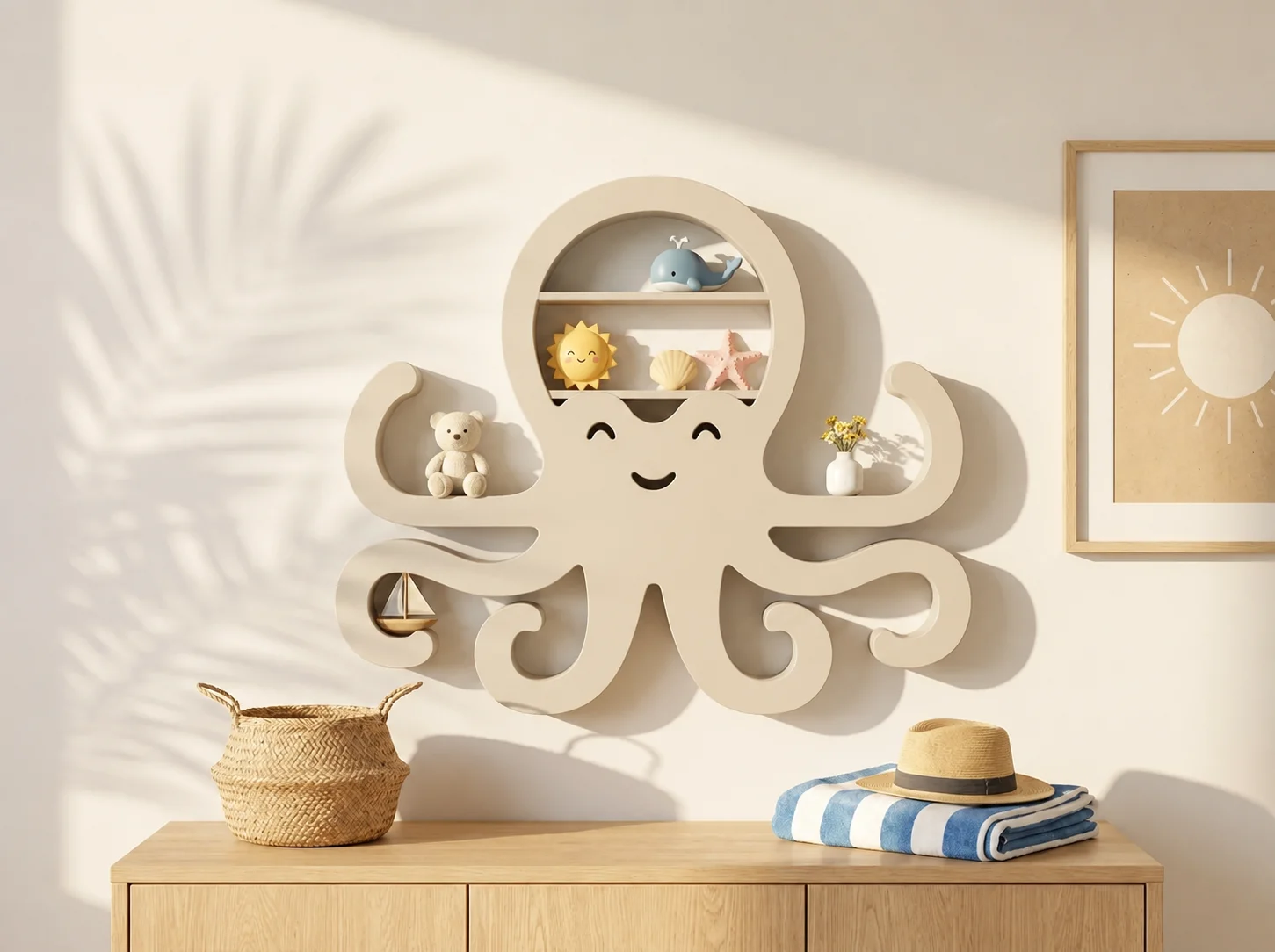 3D Baskı Ahtapot Duvar Rafı - Dekoratif Mini Raf-Bej