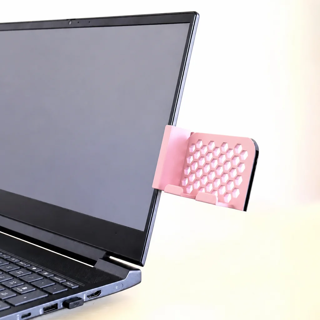 3D Baskı Monitor Telefon Tutucu - Petek Desenli Laptop Kenar Telefon Tutucu-Pembe görsel 2
