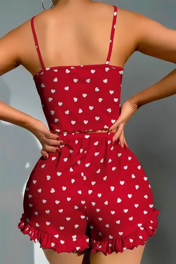 Pamuklu Kırmızı Üstüne Beyaz Kalp Desen Fitilli Askılı Şortlu Pijama Takımı görsel 3