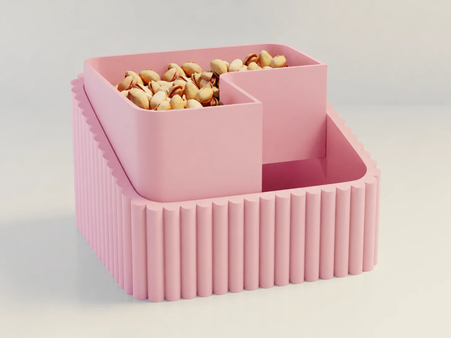 3D Baskı Fıstık Kasesi - Çift Hazneli Kabuk Ayırıcı Sunum Kasesi - Pembe Pembe