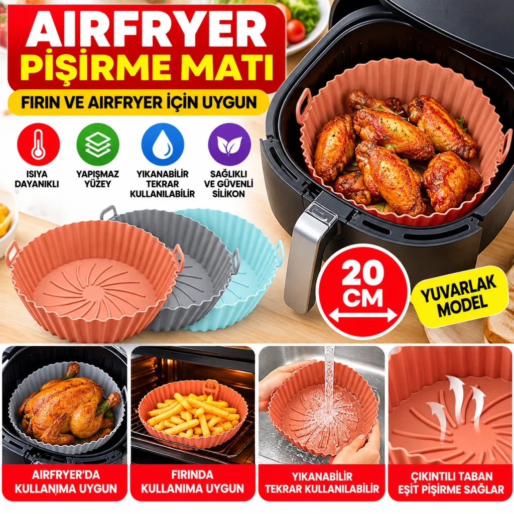 Renkli Isıya Dayanıklı Yıkanılabilir Silikon Fırın Ve Airfryer Yuvarlak Model Pişirme Matı 20 Cm