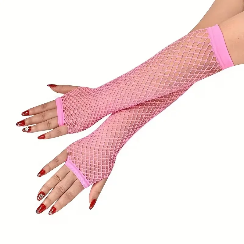 80’ler 90’lar Retro Neon Pembe File Parmaksız Eldiven 26 cm görsel 2