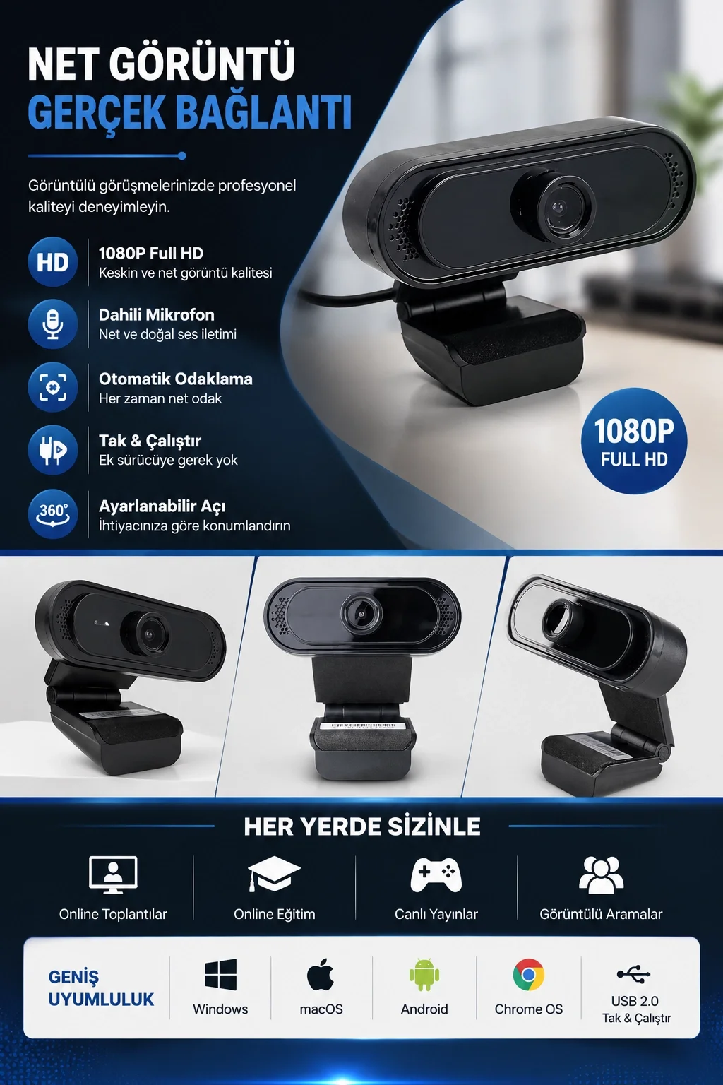 WebCam Orjınal 1080p HD Konferans Kamera Dahili Mikrofon Görüntülü Sohbet Yayın Kamerası HD Video AE-112