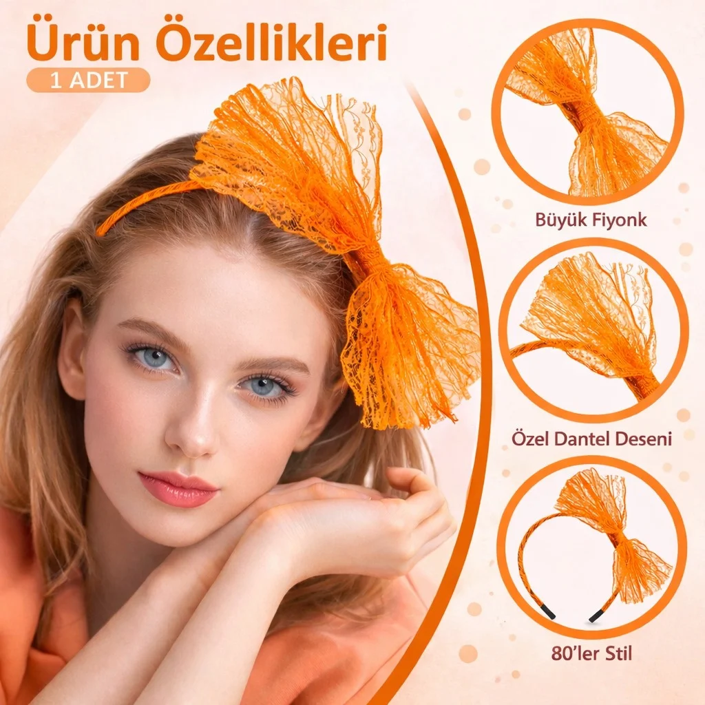 80’ler 90’lar Neon Turuncu Dantel Taç Fiyonklu görsel 2