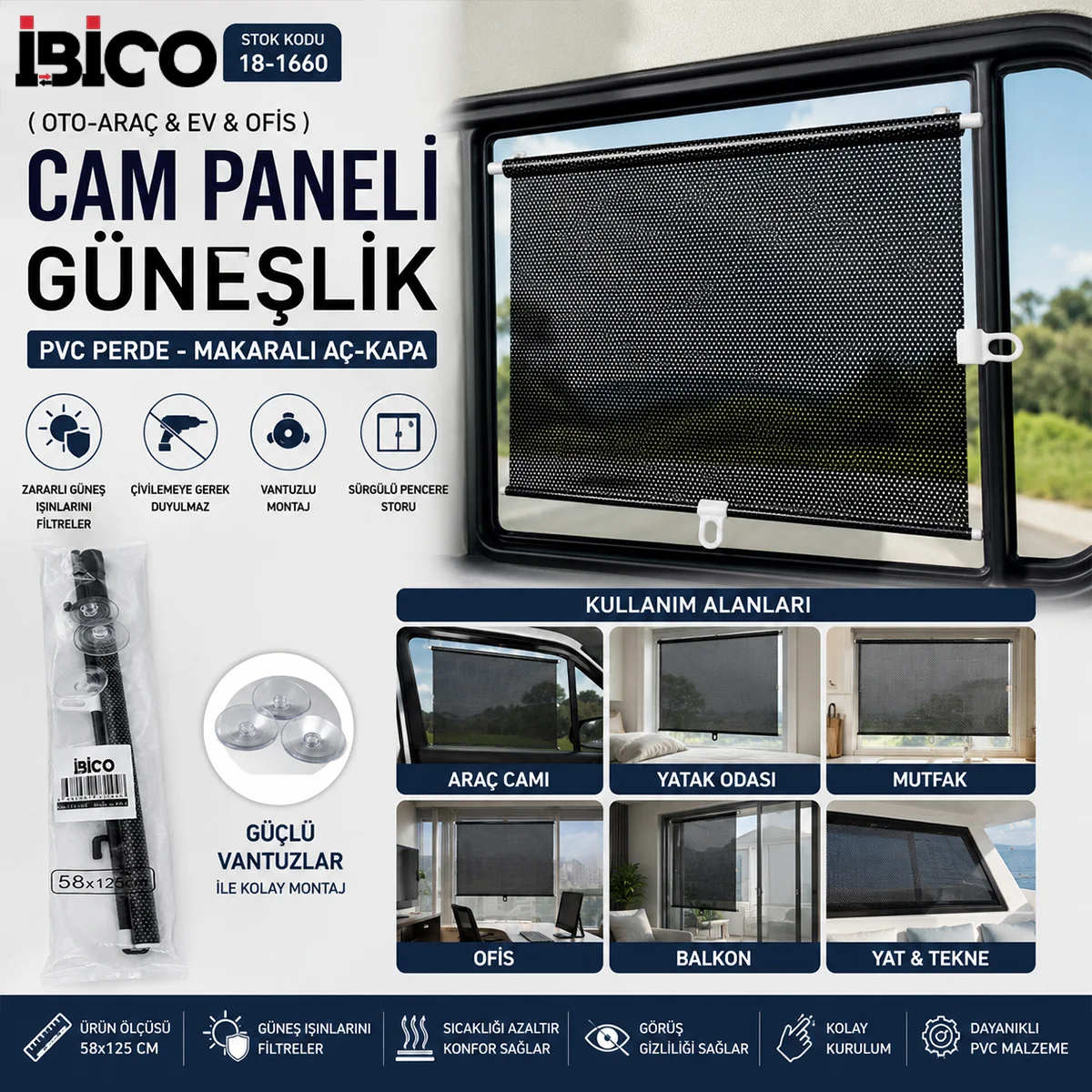 58x125 cm PVC Makaralı Araç Cam Güneşliği (Vantuzlu) görsel 3