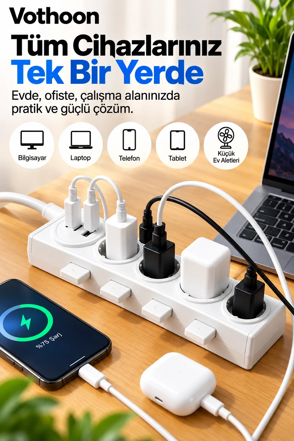Vothoon 4’lü Akıllı Priz Tek Dokunuşla Fiş Çıkarma 2 Metre Kablo 2 Type-C + USB 15W Hızlı Şarj 3680W Krem görsel 4