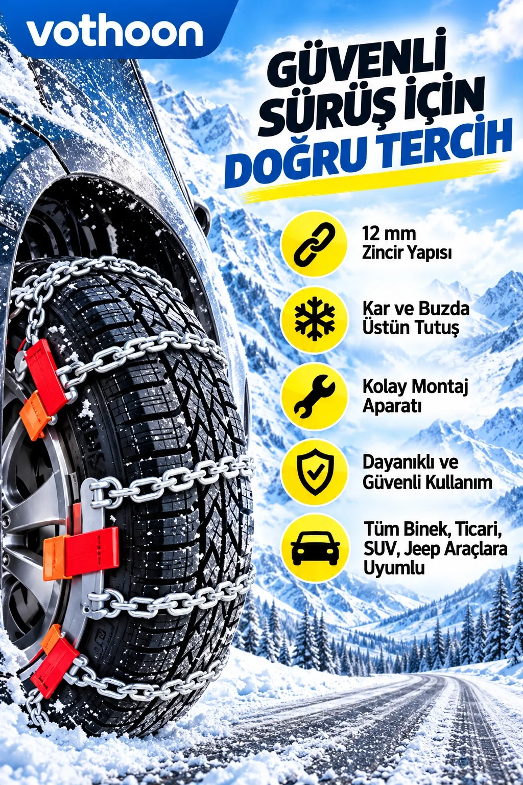 Kolay Tak Çıkar Kar Zinciri 12 mm – Binek, Hafif Ticari, SUV ve Jeep Araçlara Uyumlu Pratik Montaj görsel 4