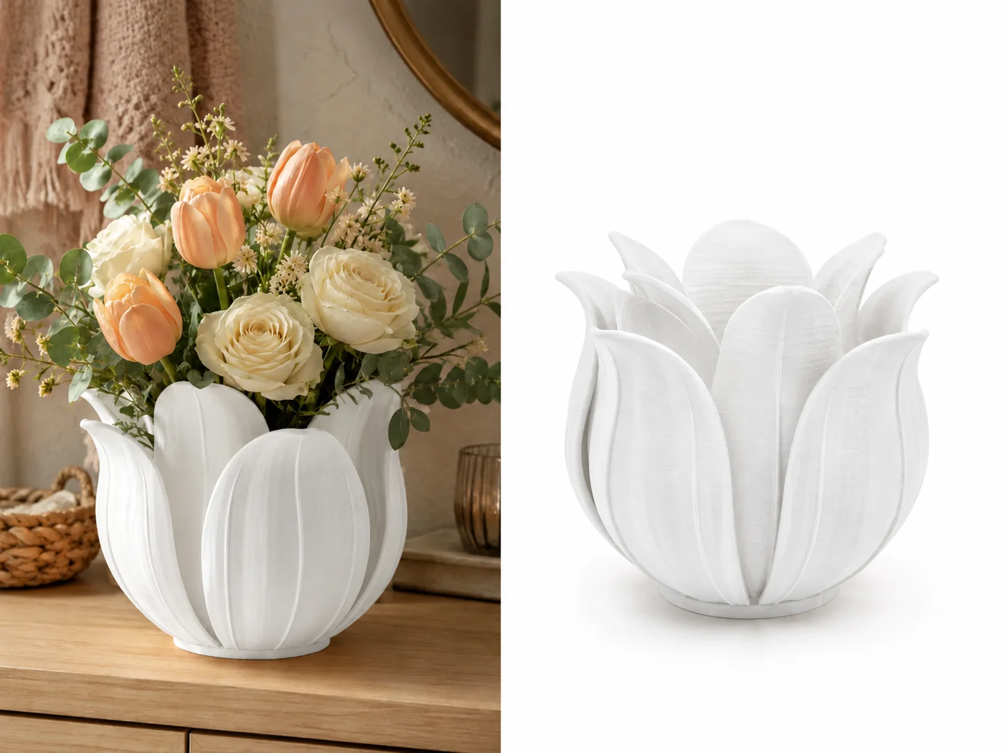 3D Baskı Lotus Yapraklı Vazo - Dekoratif Çiçeklik-Beyaz
