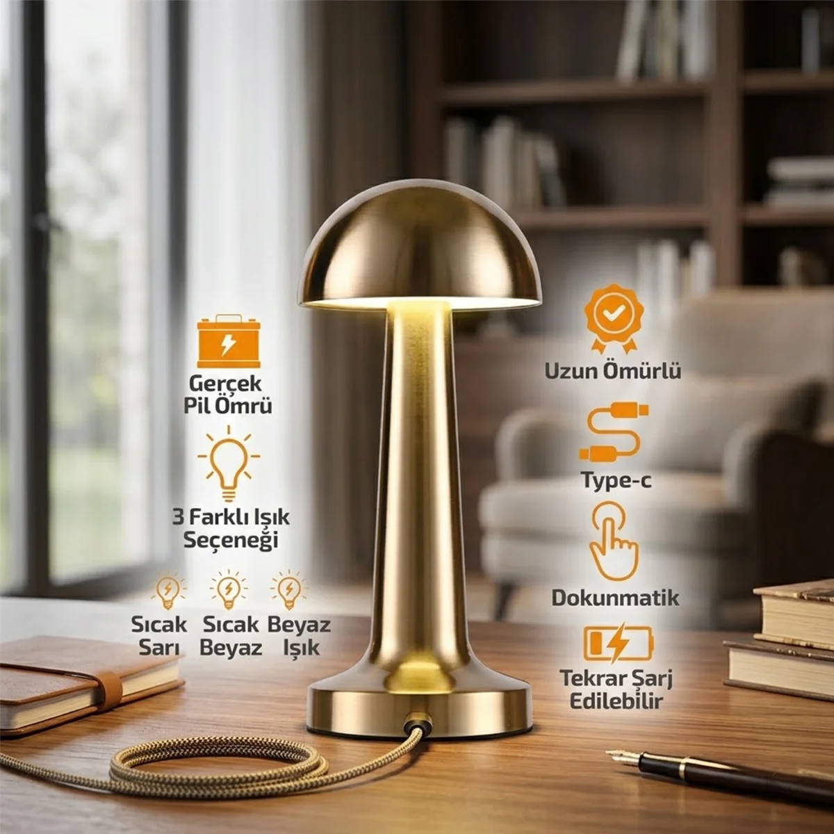 Oval Metal Mantar Masa Lambası - Dokunmatik Type-C 3 Mod görsel 3