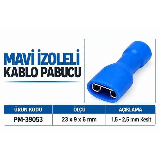PM-39053 1,5-2,5mm2 Kesit 24x9x6mm Soket Mavi İzoleli Kablo Pabucu (100’lü Paket) görsel 3