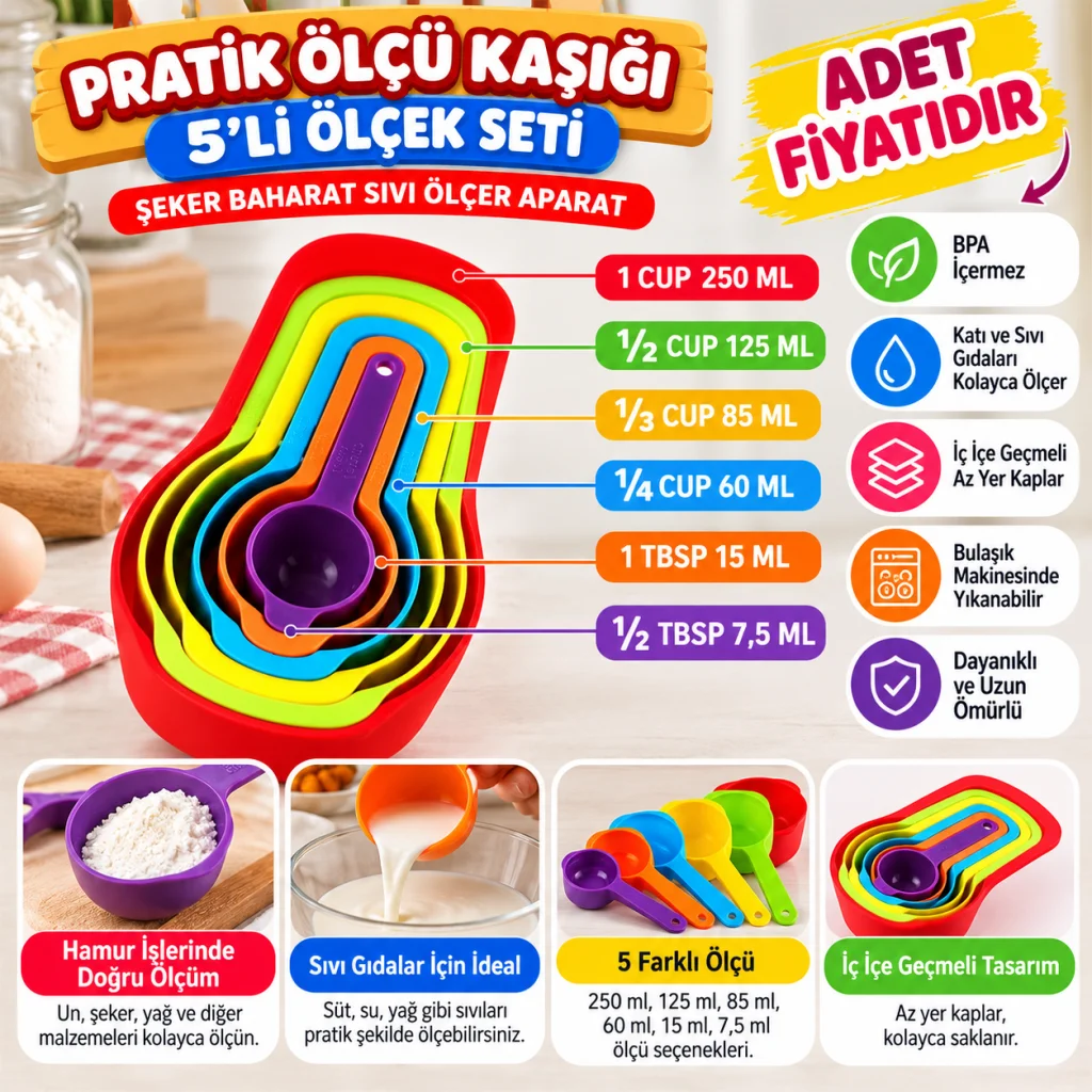 Pratik Ölçü Kaşığı Kabı 5li Şeker Baharat Sıvı Ölçer Aparat