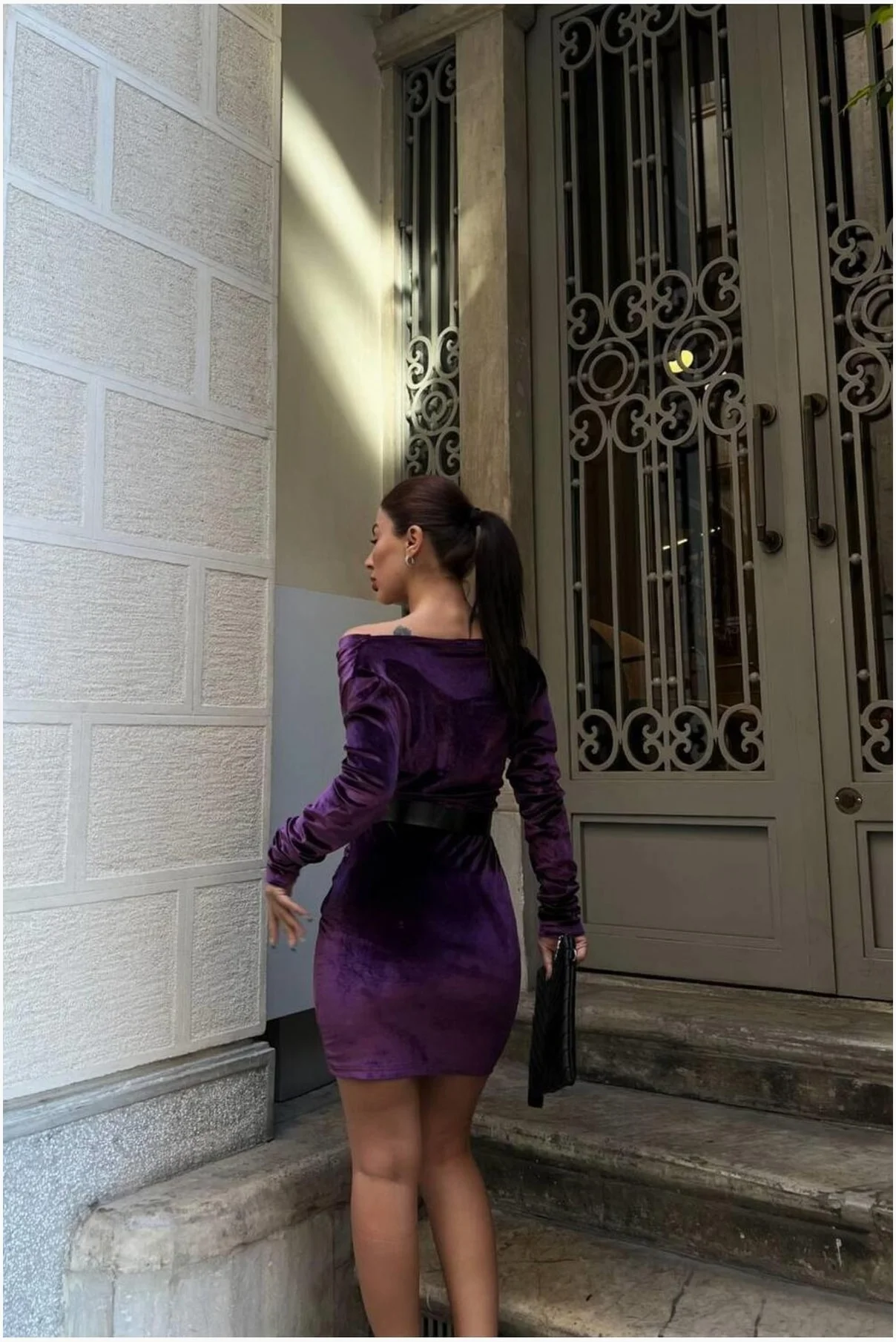 Kadın Zarif Stil Esnek Kadife Kumaş V Yaka Kemerli Abiye Elbise görsel 4