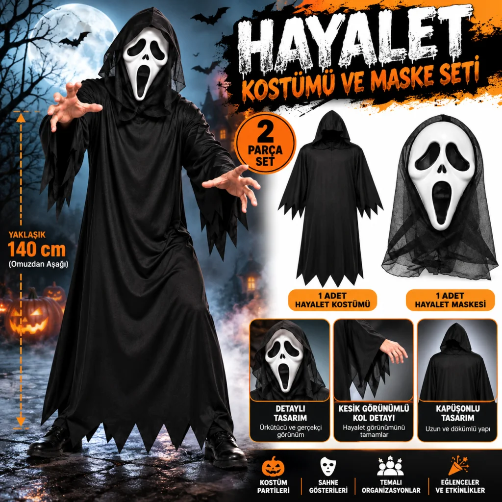 Siyah Hayalet Kapüşonlu Kostüm ve Çığlık Maskesi Seti 140 cm