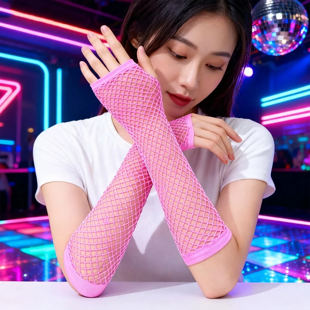 80’ler 90’lar Retro Neon Pembe File Parmaksız Eldiven 26 cm görsel 3
