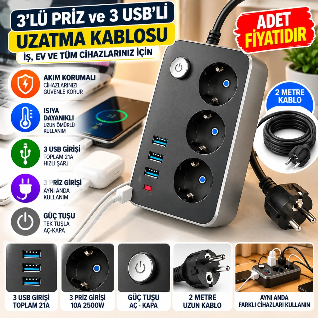 Isıya Dayanıklı Termal Akım Korumalı 2 Mt 10A 2500W 3lü Priz ve 3 Usbi 21A Uzatma Kablosu (adet fiyatıdır)