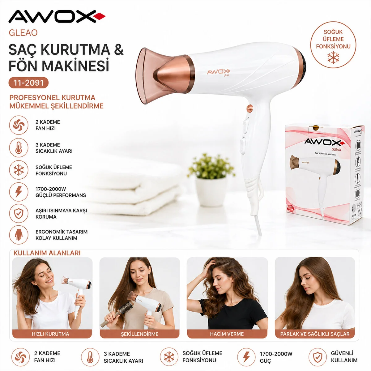 Awox Gleao Beyaz Saç Kurutma - Fön Makinesi Soğuk Üfleme 2 Kademe Fan - 3 Kademe Sıcaklık 1700-2000W görsel 2