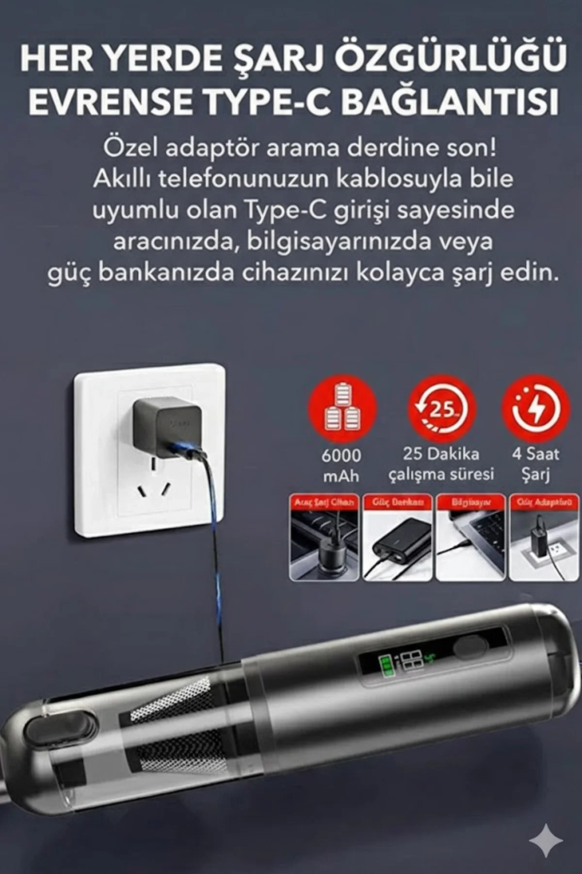 Araç Süpürgesi Şarjlı 120W 20.000Pa Göstergeli Yeni Nesil Metal Filtre Extra Vakum ve Üfleme görsel 6