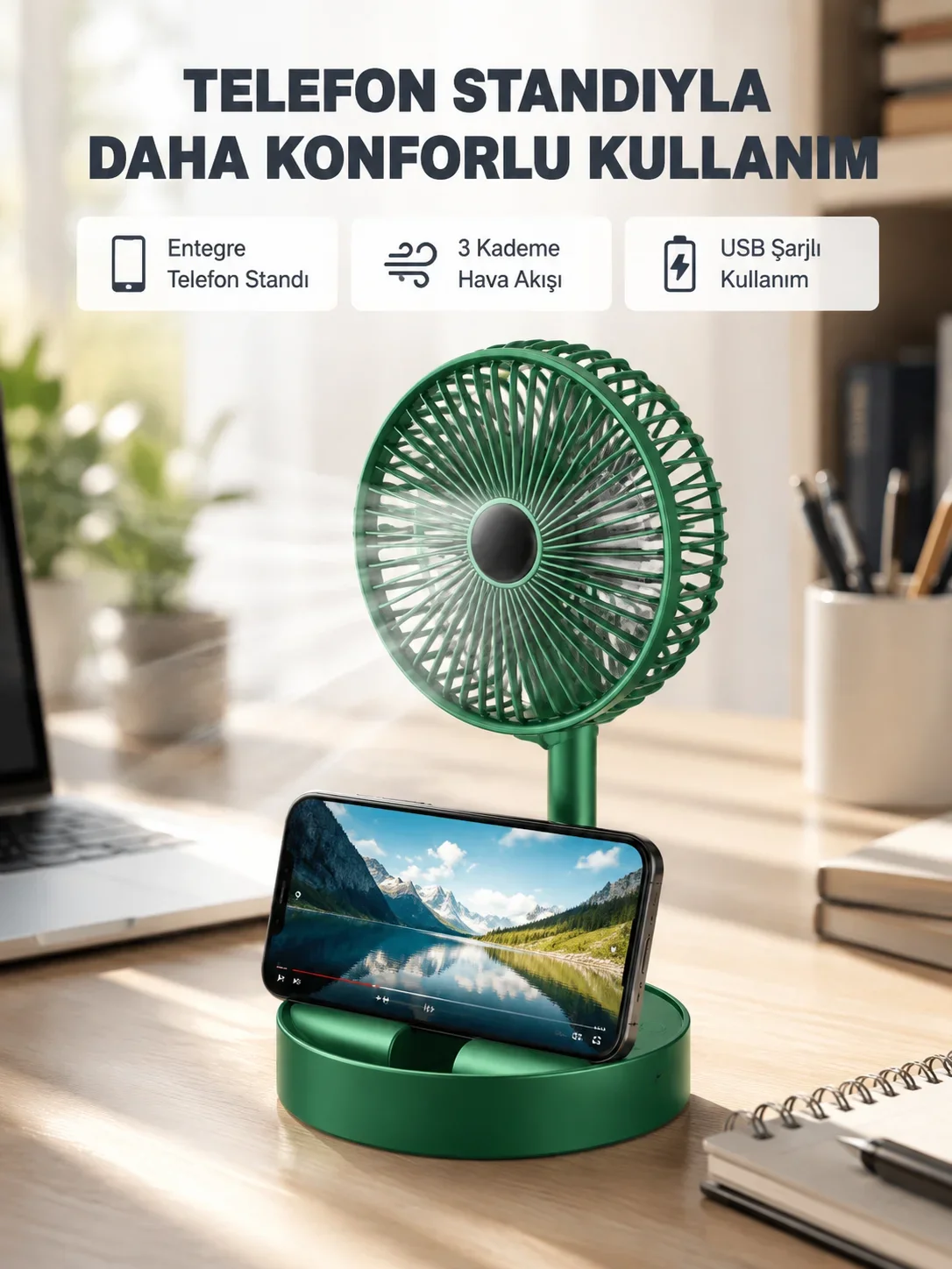 Taşınabilir Şarjlı ni Fan – Katlanabilir Gövde, 3 Hız Kademesi