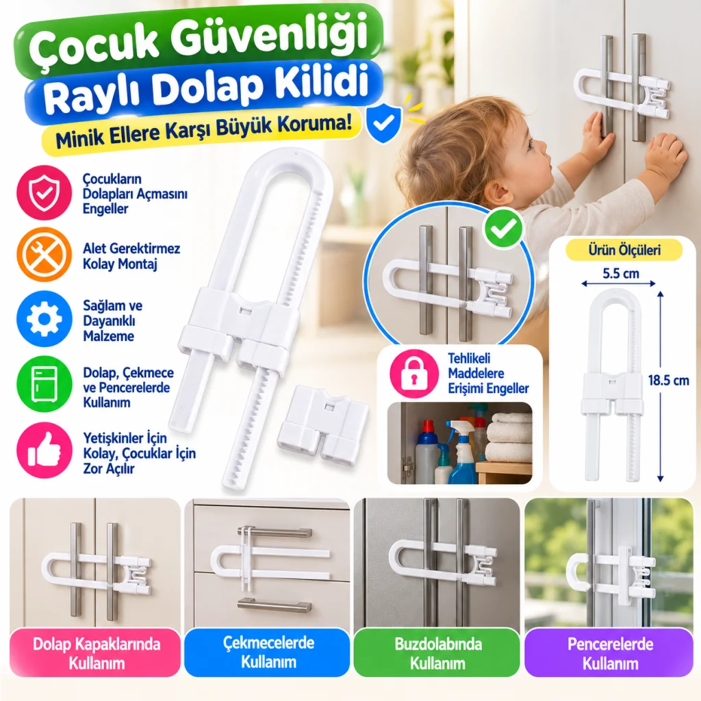 Bebek Çocuk Çekmece ve Dolap Koruma Raylı Güvenlik Sistemi Emniyet Kilidi