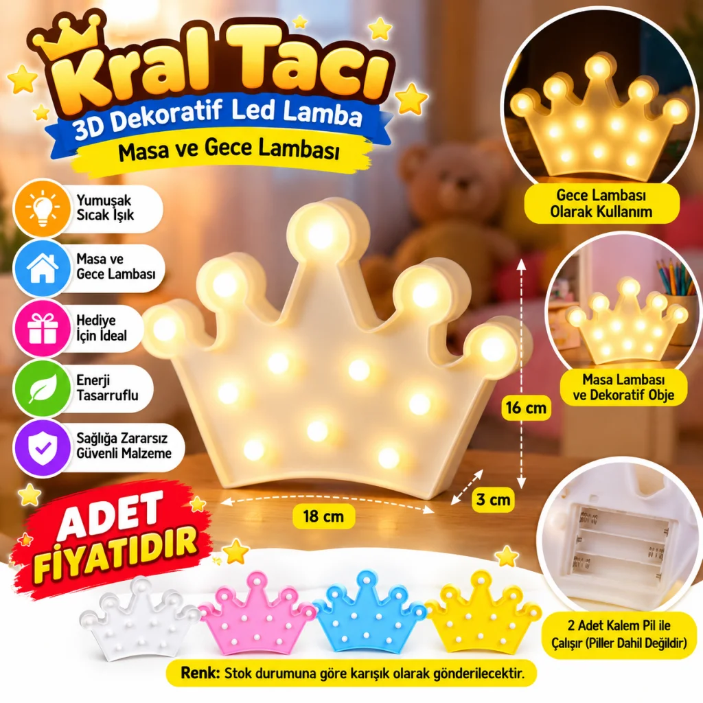 3D Dekoratif Pilli Kraliçe Tacı Model Led Masa ve Gece Lambası (adet fiyatıdır)