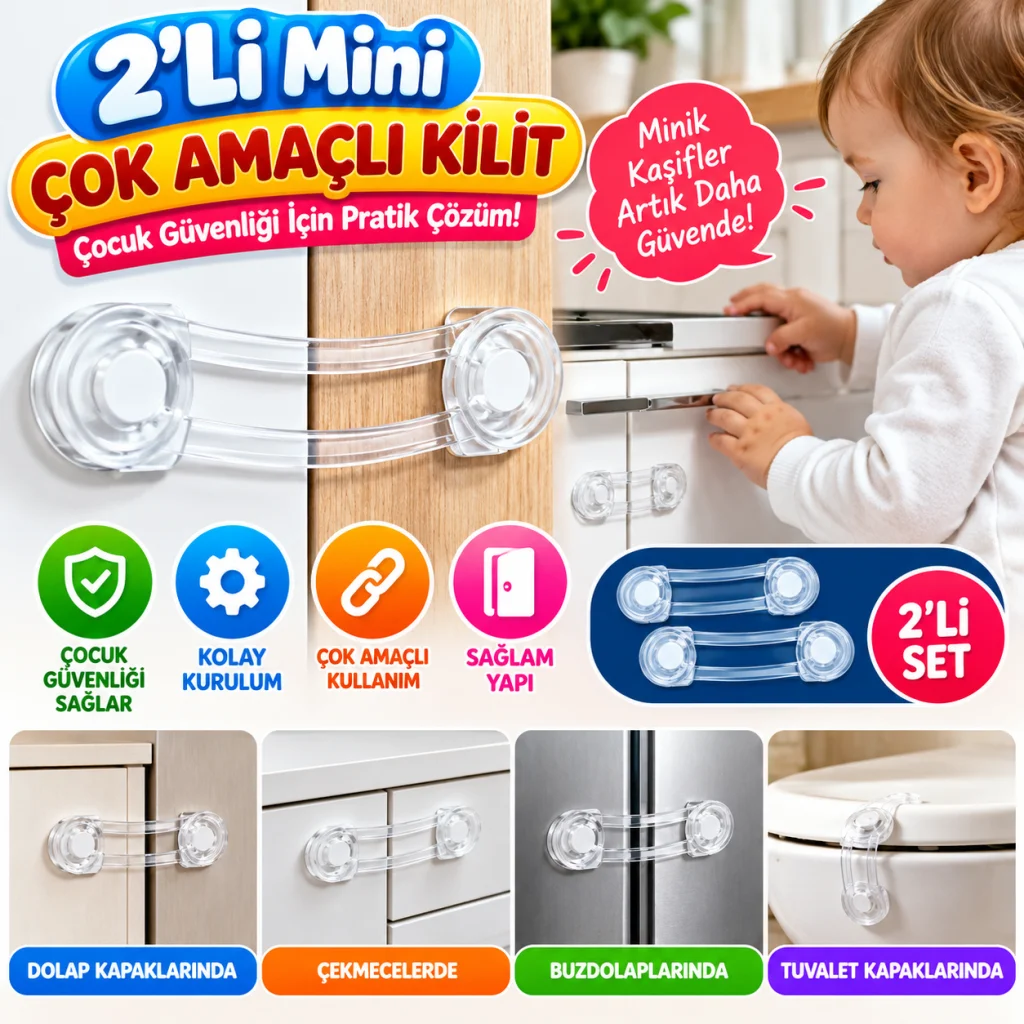 2'li Mini Çok Amaçlı Kilit- Çocuk Güvenlik Gereçkerli Çekmece,Dolap,Kapak Kilidi