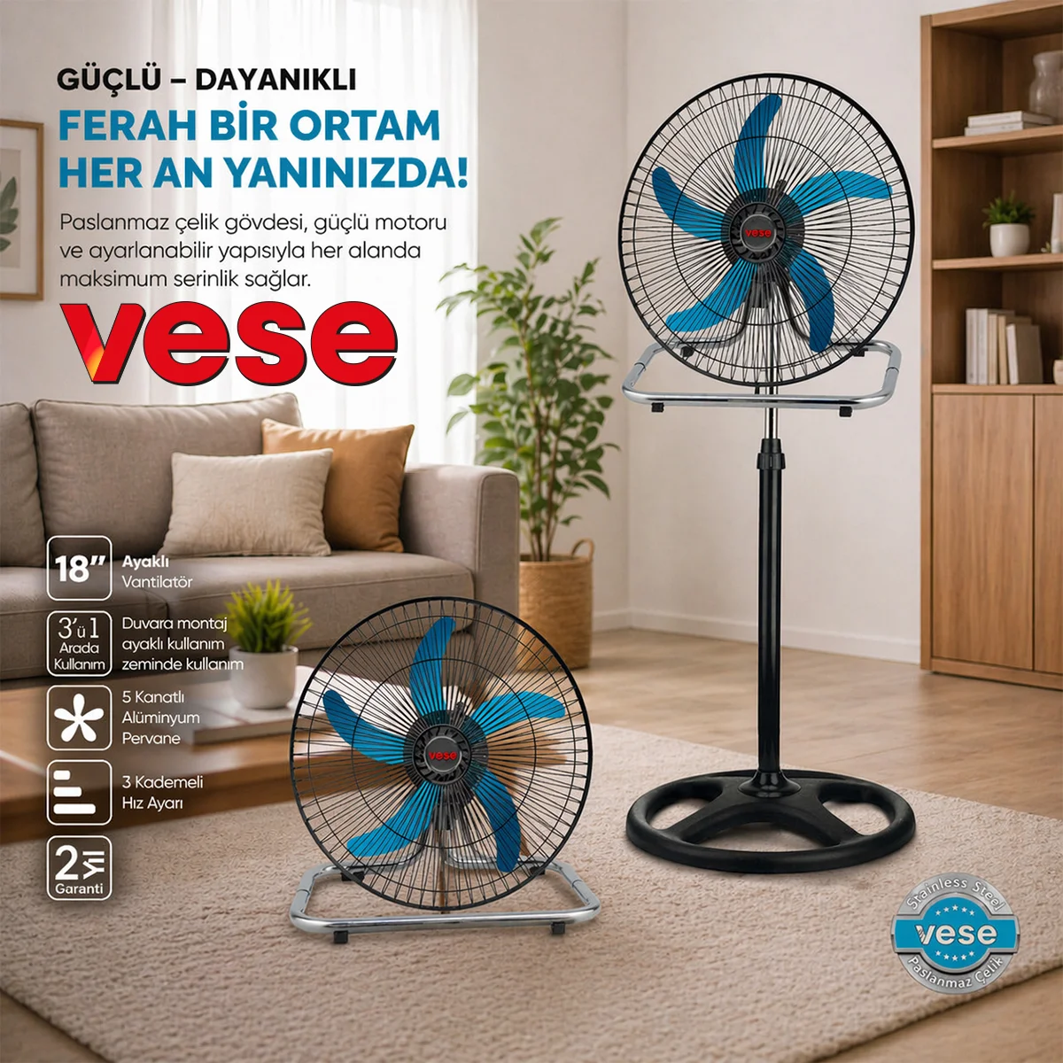 Sanayi Tipi Ayaklı Vantilatör - 5 Metal Kanatlı, 3 Kademe Hız görsel 3