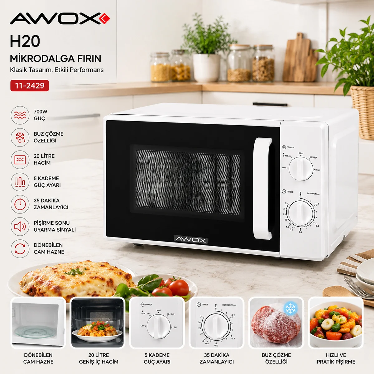 20L 700W Mikrodalga Fırın - 5 Güç Kademesi, Buz Çözme, Beyaz görsel 6