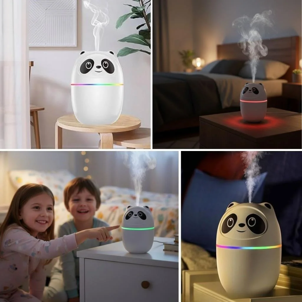 Sevimli Panda Figürlü Hava Nemlendirici – Ultrasonik Soğuk Buhar Makinesi, LED Işıklı Masaüstü Oda Nemlendirici görsel 3