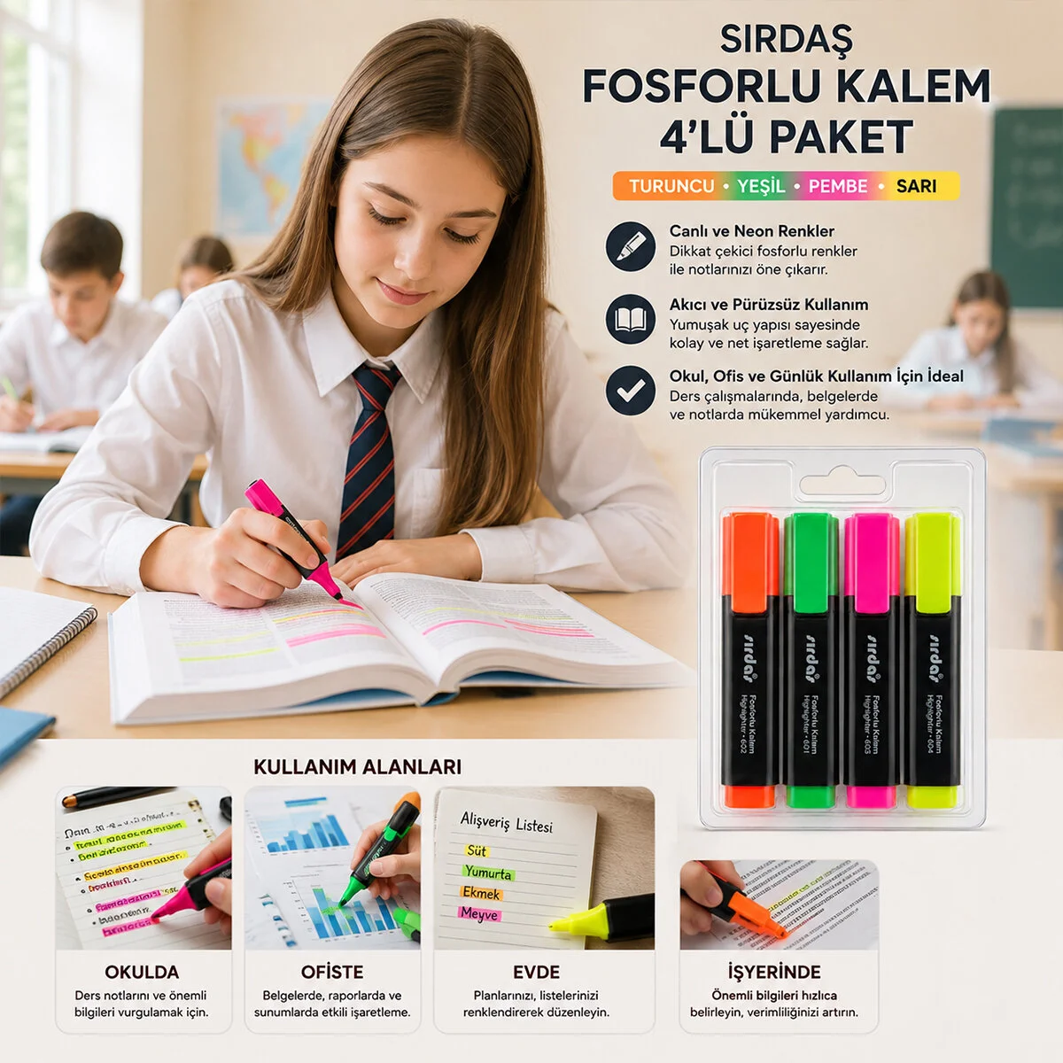 Yuma YM-792-4 792-T-Y-S-P 4PCS Fosforlu Kalem Turuncu - Yeşil - Sarı - Pembe görsel 2