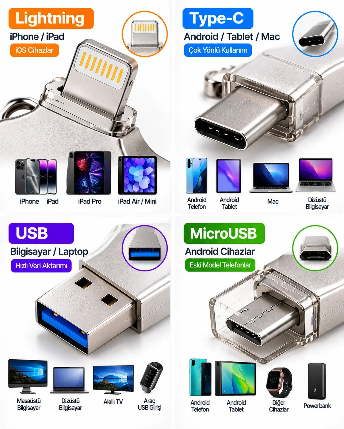 Çoklu Cihaz Uyumlu 128GB 4in1 USB Flash Bellek Lightning Type-C USB-A MicroUSB görsel 6