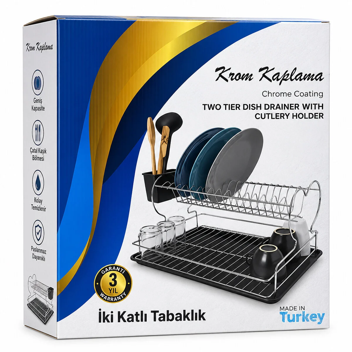 Krom - Metal 2 Katlı Tabaklık - Bulaşıklık görsel 3