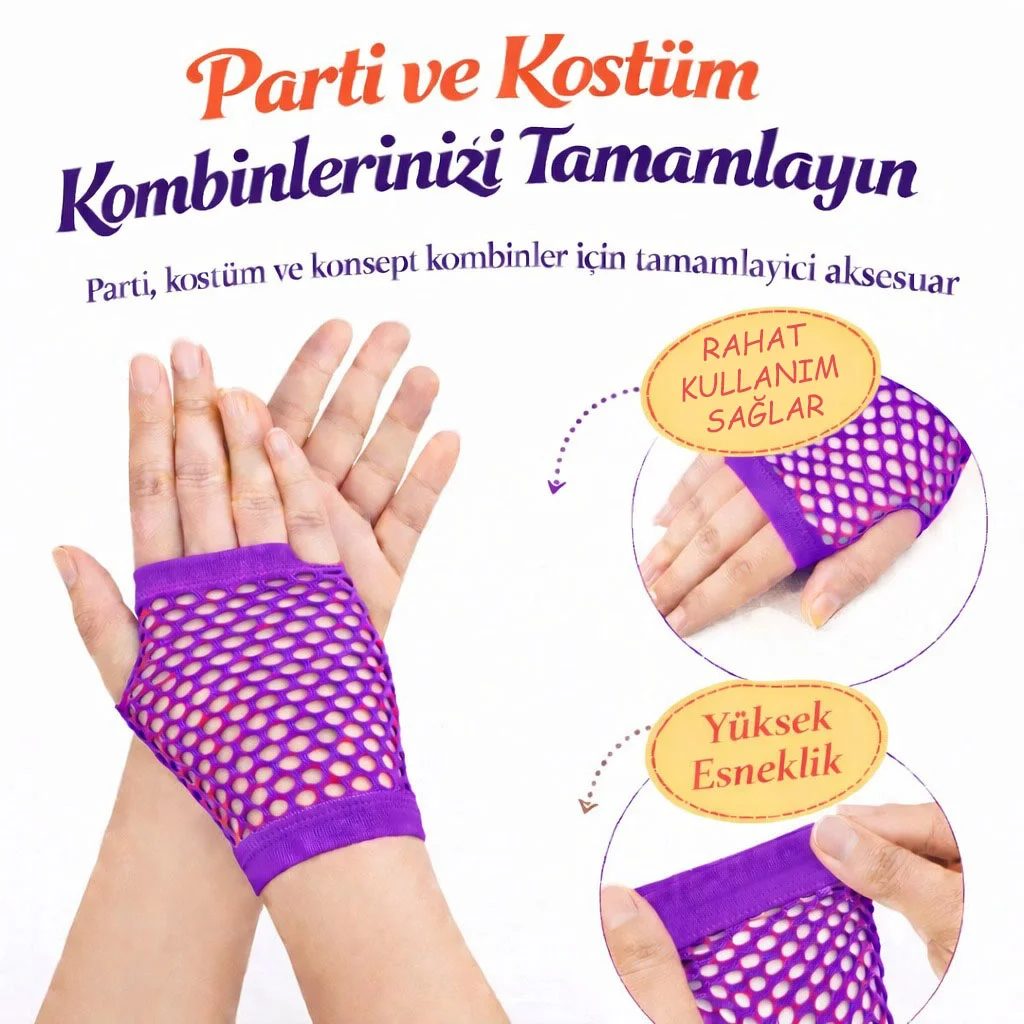 80’ler 90’lar Retro Mor File Parmaksız Kısa Eldiven 11 cm görsel 2