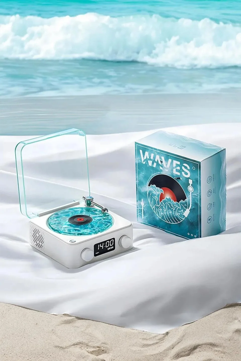 Waves Nostalji Plak Görünümlü Bluetooth Hoparlör 3D Ses Dalgası Retro Müzik Plak Mavi görsel 2