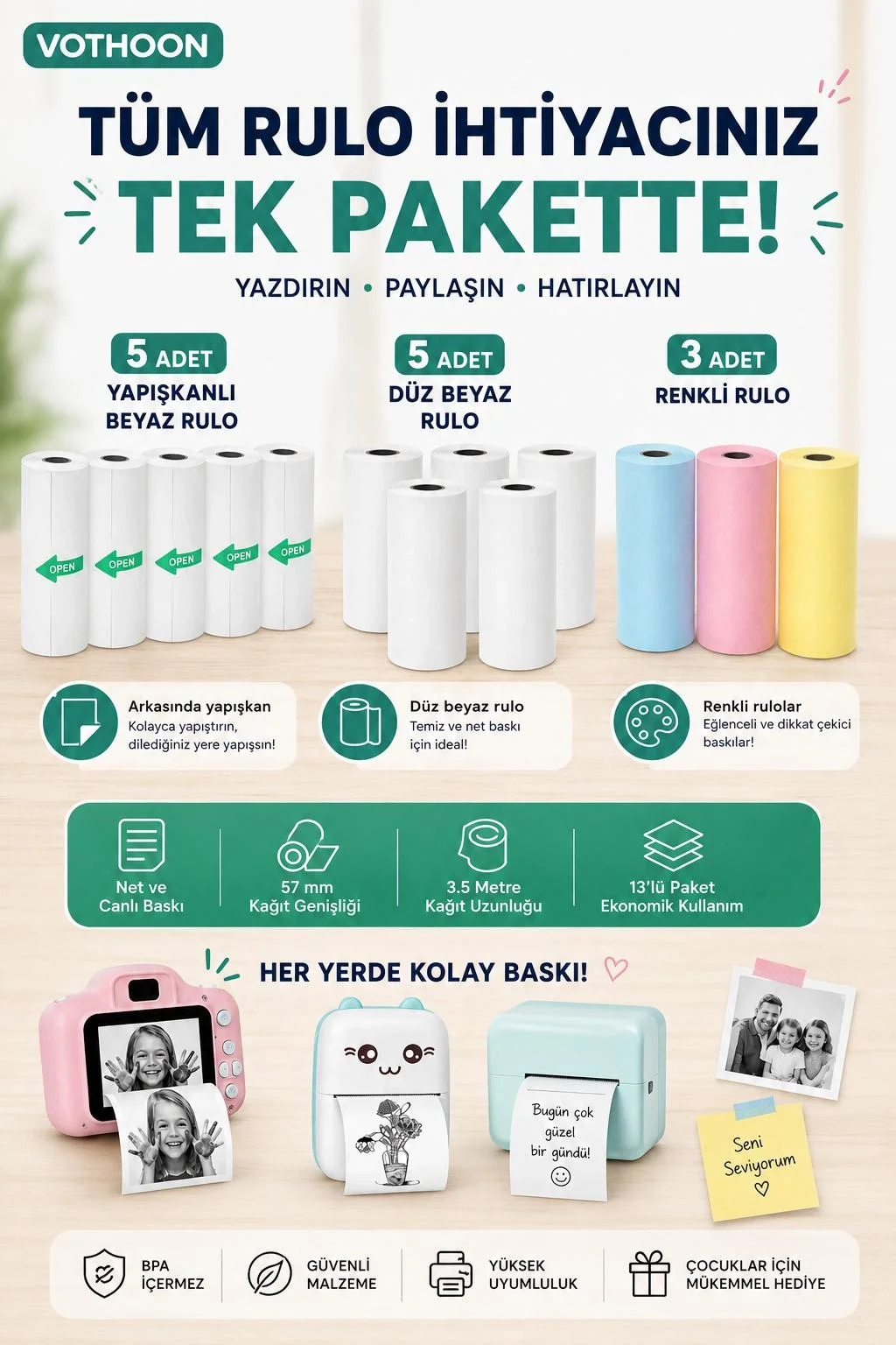 13’lü ni Yazıcı Termal Rulo Seti Çocuk Kamera Baskı Kağıdı 5 Yapışkanlı 5 Düz Beyaz 3 Renkli