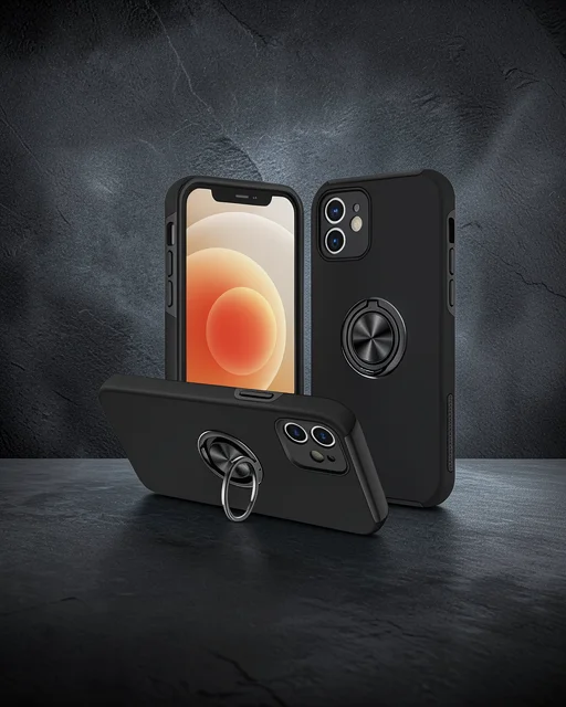 Apple İphone 12 Kılıf Elit Yüzüklü Kapak - Siyah