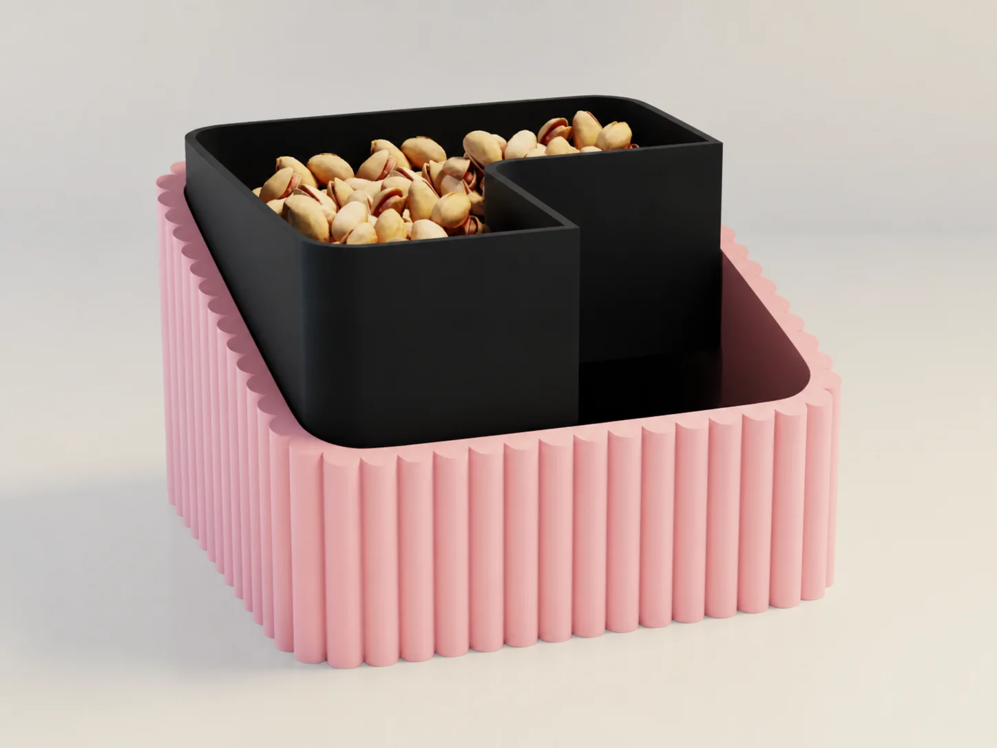 3D Baskı Fıstık Kasesi - Çift Hazneli Kabuk Ayırıcı Sunum Kasesi - Pembe Siyah