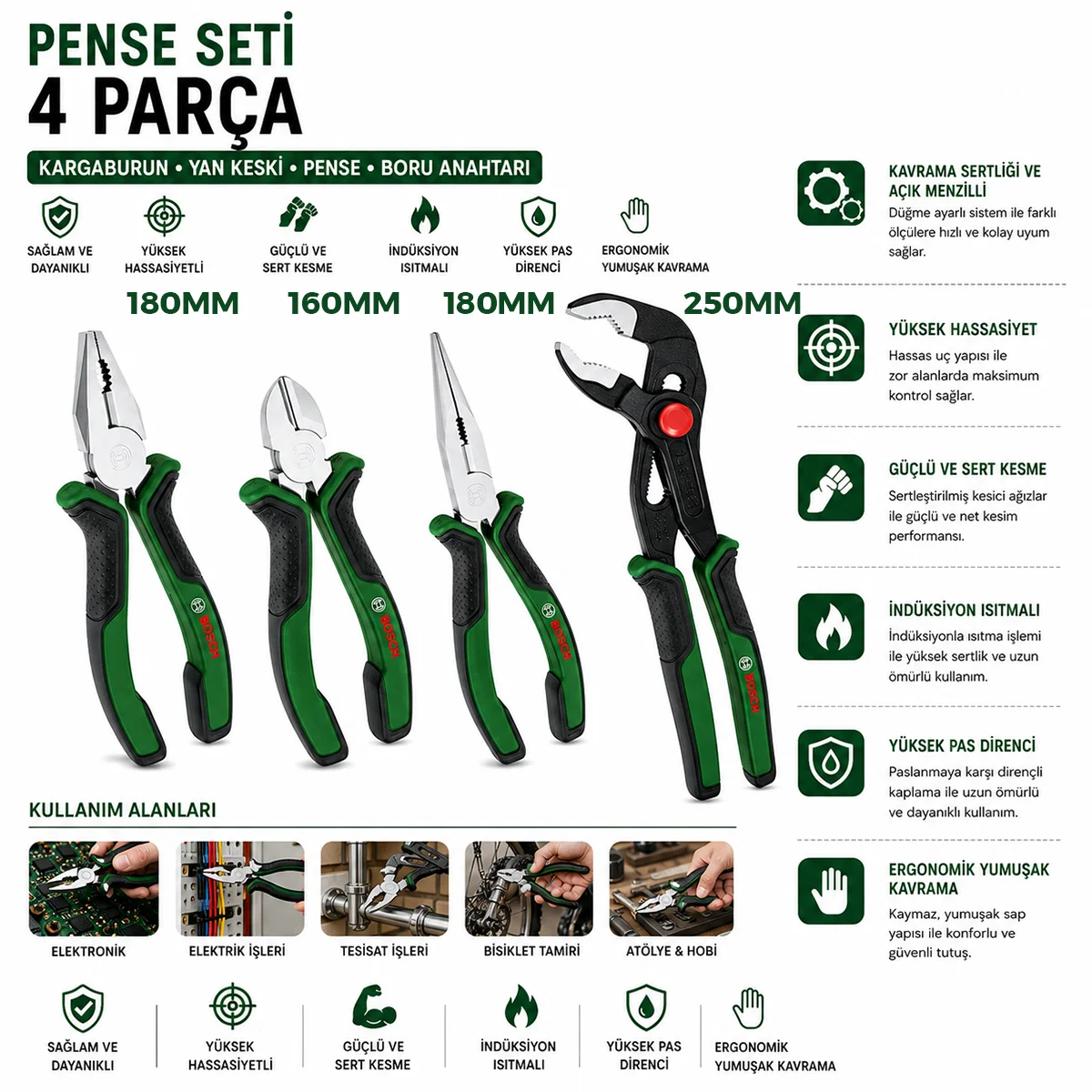 4 Parça Pense Seti - 10 inç Papağan, 7 inç Pense, 6 inç Yan Keski, 7 inç Kargaburnu görsel 2